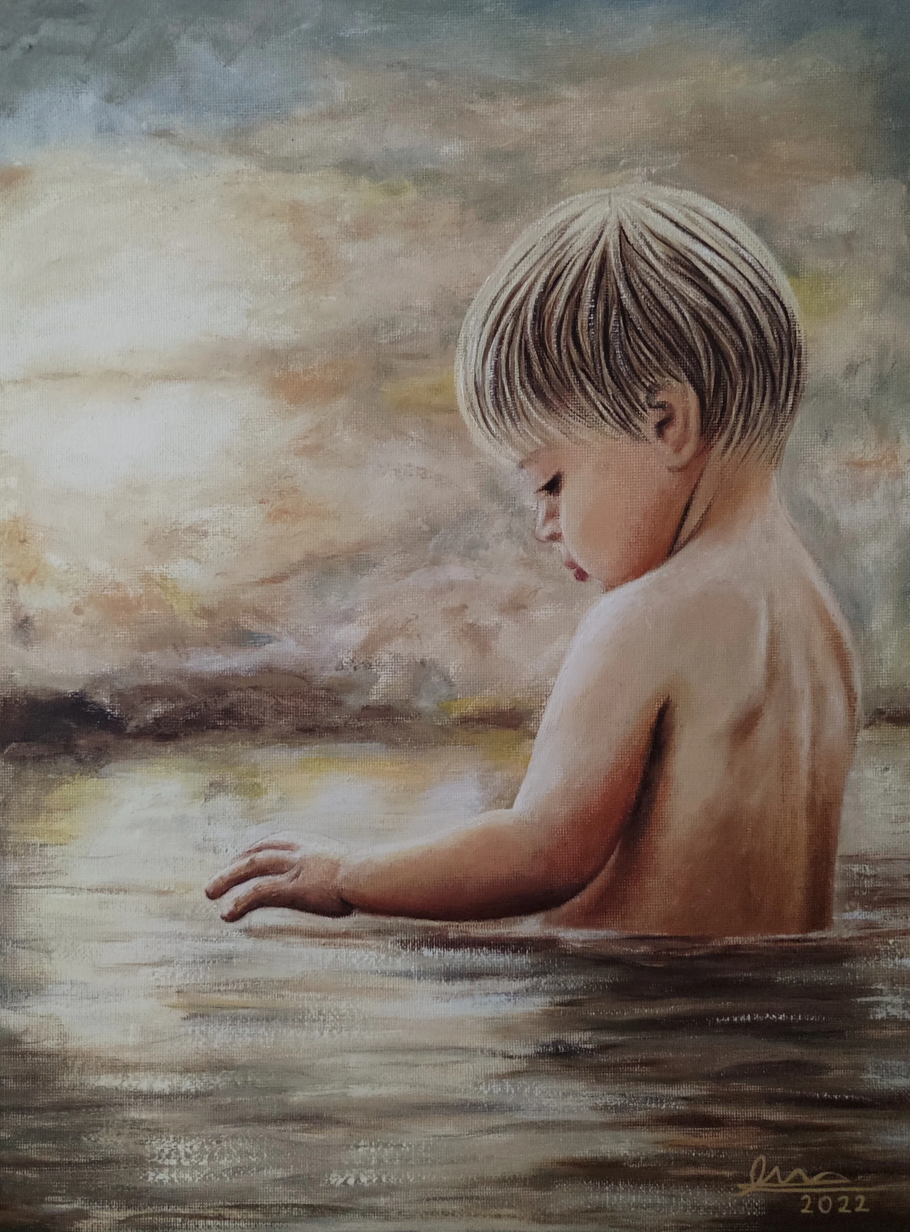 Pintura vertical al óleo sobre lienzo, sin marco y con todos los bordes visibles.